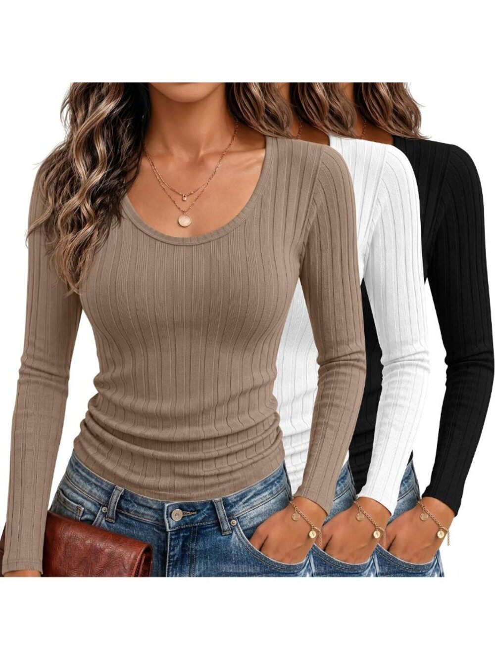 3-Pack Women's Ribbed Knit Scoop Neck Shirts - Casual Tops for Everyday Wear